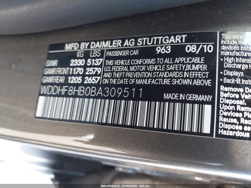 2011 Mercedes-benz E-class VIN WDDHF8HB0BA309511 IAAI salvage auction — TRANSMISSION, Clear (Florida), sold $1,150 on 2026-07-29 (photo 9)