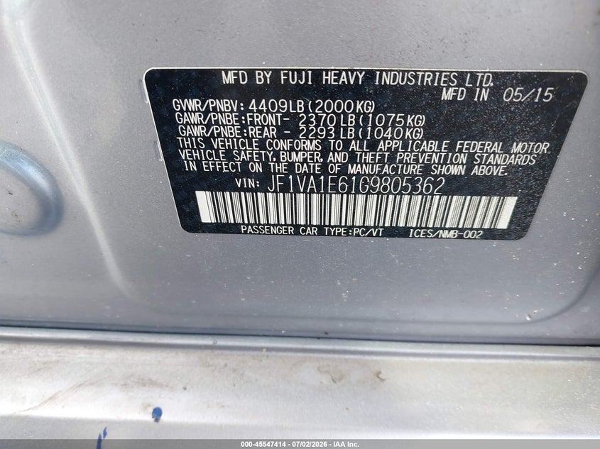 2016 Subaru Wrx VIN JF1VA1E61G9805362 IAAI salvage auction — ENGINE DAMAGE, Clear (Florida), sold $1,500 on 2026-07-08 (photo 9)