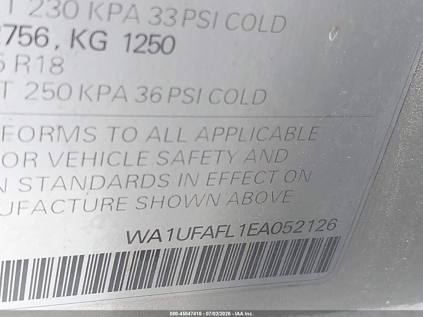 2014 Audi Allroad VIN WA1UFAFL1EA052126 IAAI salvage auction — MECHANICAL, Clear (Florida), sold $1,500 on 2026-07-29 (photo 9)