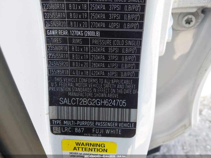 2016 Land rover Discovery sport VIN SALCT2BG2GH624705 IAAI salvage auction — REAR END, Clear (Florida), sold $2,550 on 2026-07-08 (photo 9)