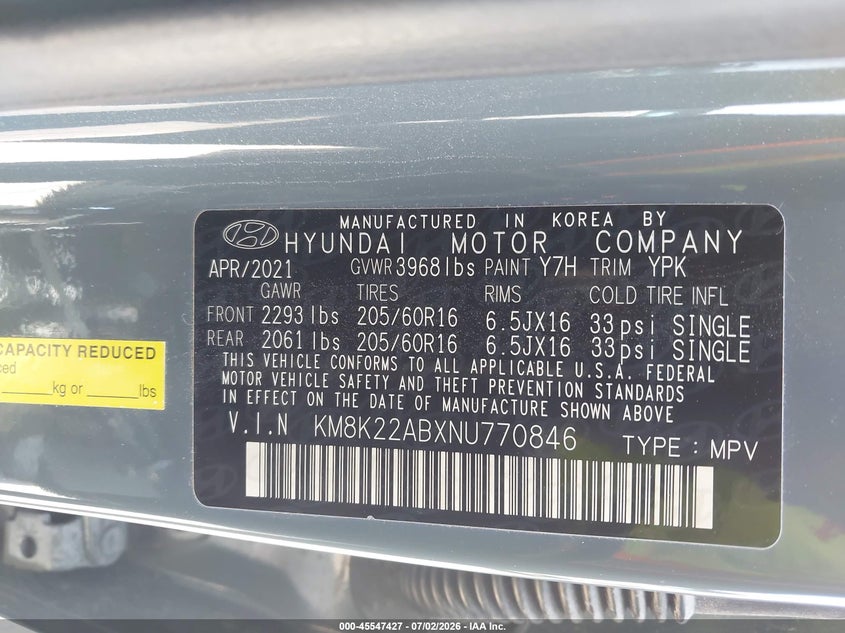 2022 Hyundai Kona VIN KM8K22ABXNU770846 IAAI salvage auction — FRONT END, Clear (Florida), sold $1,625 on 2026-07-08 (photo 9)
