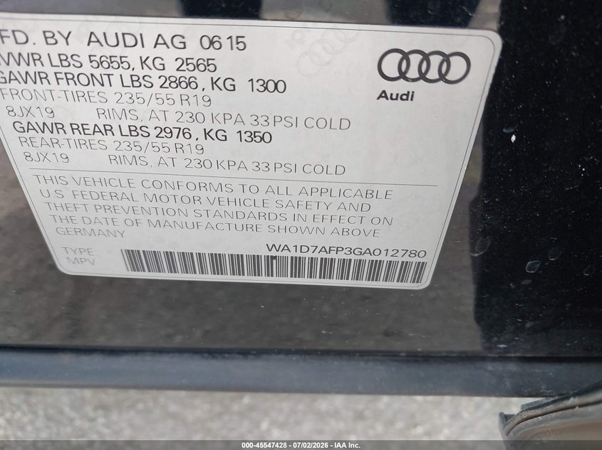 2016 Audi Q5 VIN WA1D7AFP3GA012780 IAAI salvage auction — REAR END, Clear (Indiana), sold $1,850 on 2026-07-08 (photo 9)