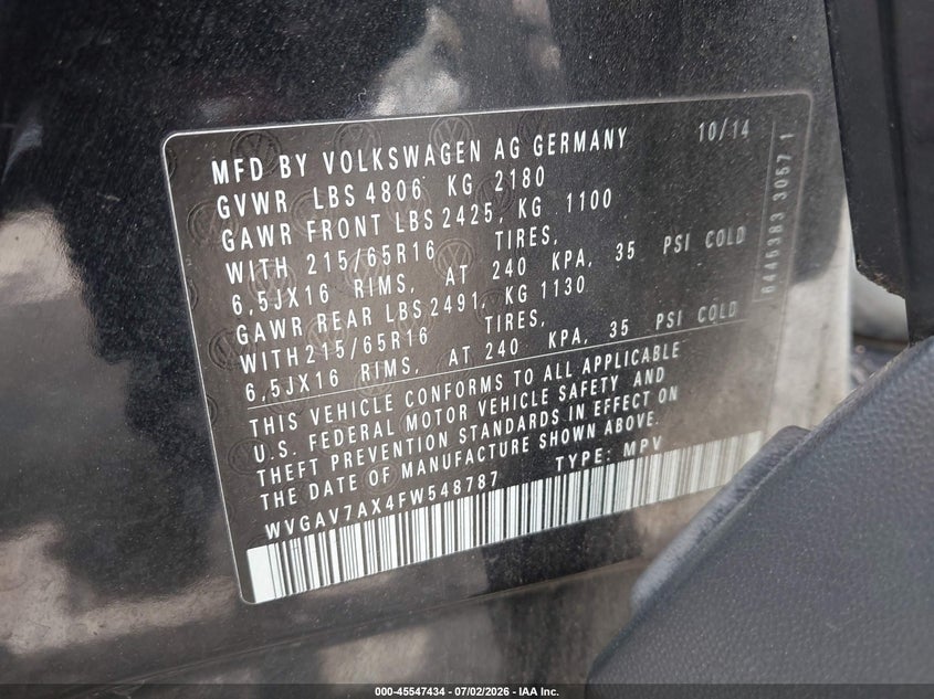2015 Volkswagen Tiguan VIN WVGAV7AX4FW548787 IAAI salvage auction — NORMAL WEAR, Clear (Washington), sold $550 on 2026-07-29 (photo 9)