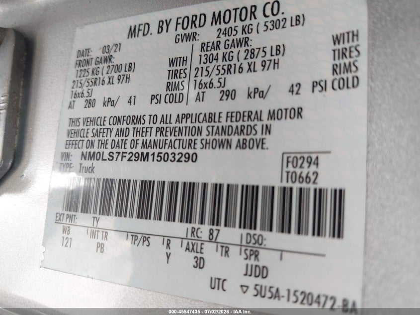 2021 Ford Transit connect VIN NM0LS7F29M1503290 IAAI salvage auction — TRANSMISSION, Clear (Florida), sold $4,850 on 2026-07-08 (photo 9)
