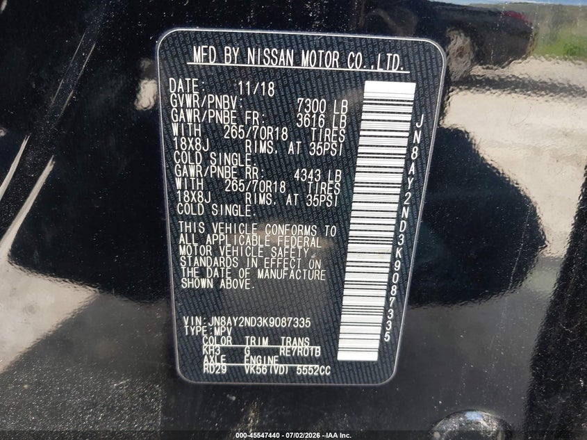 2019 Nissan Armada VIN JN8AY2ND3K9087335 IAAI salvage auction — ENGINE DAMAGE, Clear (Florida), sold $4,500 on 2026-07-22 (photo 9)