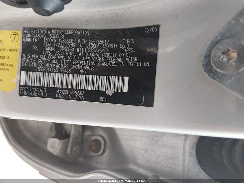 2006 Toyota Highlander VIN JTEEP21A160155438 IAAI salvage auction — NORMAL WEAR, Clear (Missouri), sold $2,100 on 2026-07-14 (photo 9)
