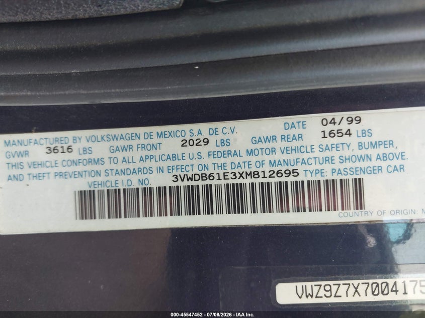 1999 Volkswagen Cabrio VIN 3VWDB61E3XM812695 IAAI salvage auction — FRONT & REAR, Salvage (Ohio), sold $175 on 2026-08-15 (photo 9)
