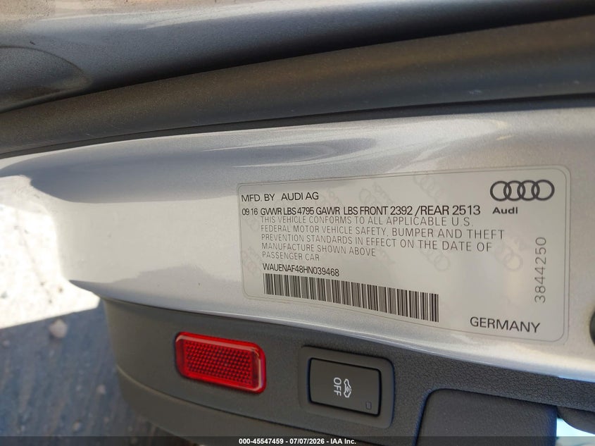 2017 Audi A4 VIN WAUENAF48HN039468 IAAI salvage auction — NORMAL WEAR, App For Dup Clear (California), sold $3,125 on 2026-07-20 (photo 9)