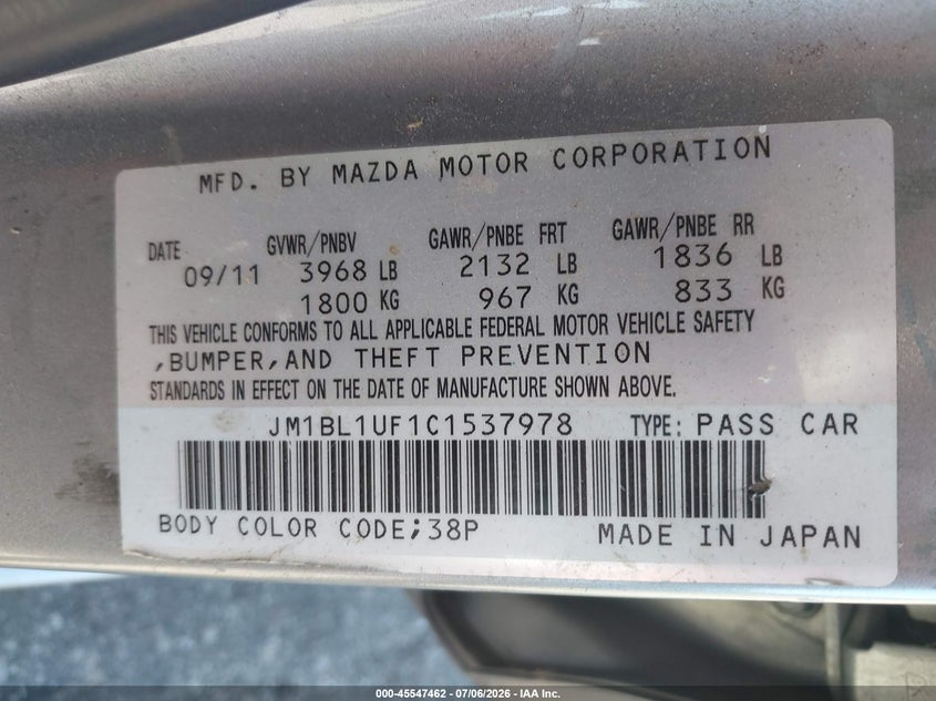 2012 Mazda 3 VIN JM1BL1UF1C1537978 IAAI salvage auction — NORMAL WEAR, Clear - Dealer Only (California), sold $175 on 2026-07-28 (photo 9)