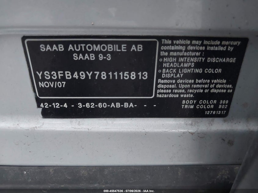2008 Saab 9-3 VIN YS3FB49Y781115813 IAAI salvage auction — FRONT & REAR, Salvage (Pennsylvania), sold $300 on 2026-07-22 (photo 9)