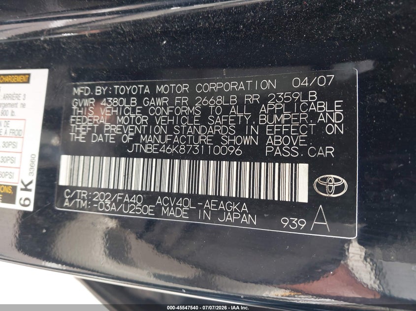 2007 Toyota Camry VIN JTNBE46K873110096 IAAI salvage auction — NORMAL WEAR, Clear (Tennessee), sold $25 on 2026-07-28 (photo 9)