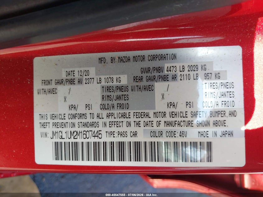 2021 Mazda 6 VIN JM1GL1UM2M1607445 IAAI salvage auction — FRONT END, Salvage Title, sold $450 on 2026-09-02 (photo 9)