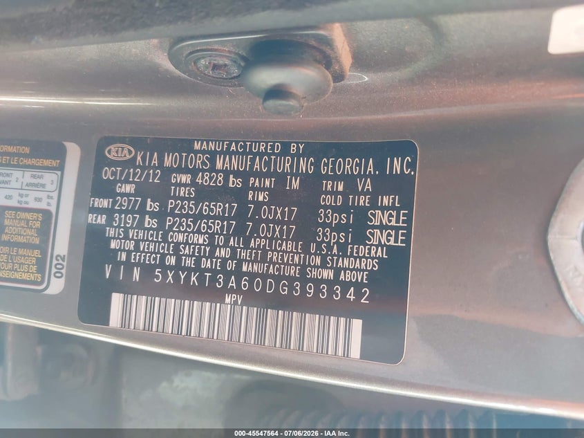 2013 Kia Sorento VIN 5XYKT3A60DG393342 IAAI salvage auction — NORMAL WEAR, Clear (Arizona), sold $25 on 2026-07-28 (photo 9)