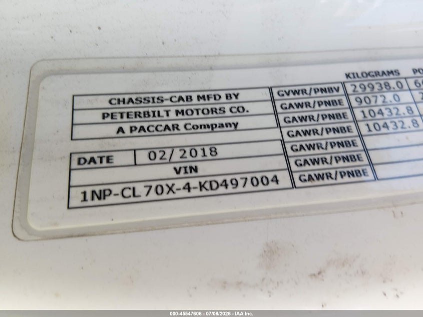 2019 Peterbilt 567 VIN 1NPCL70X4KD497004 IAAI salvage auction — Unknown, Clear (Florida), sold $9,900 on 2026-07-21 (photo 8)