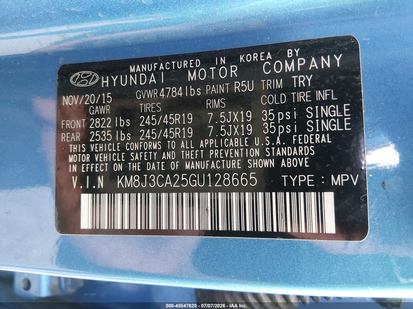 2016 Hyundai Tucson VIN KM8J3CA25GU128665 IAAI salvage auction — NORMAL WEAR, Clear (Maryland), sold $3,600 on 2026-07-15 (photo 9)