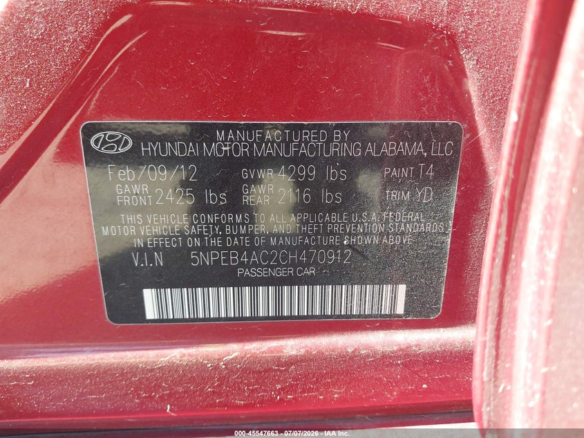 2012 Hyundai Sonata VIN 5NPEB4AC2CH470912 IAAI salvage auction — LEFT & RIGHT, Salvage (Indiana), sold $850 on 2026-08-21 (photo 9)