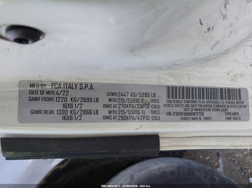 2022 Ram Promaster city VIN ZFBHRFAB1N6W71759 IAAI salvage auction — NORMAL WEAR, Original (Ohio), sold $3,500 on 2026-07-30 (photo 9)