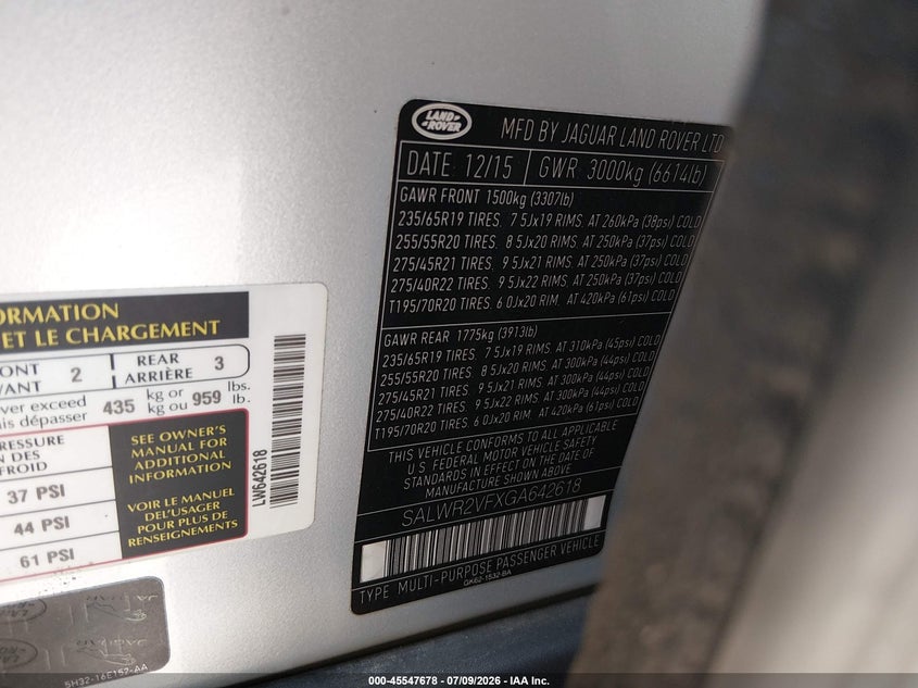 2016 Land rover Range rover sport VIN SALWR2VFXGA642618 IAAI salvage auction — RIGHT FRONT, Salvage (Tennessee), sold $3,350 on 2026-07-22 (photo 9)