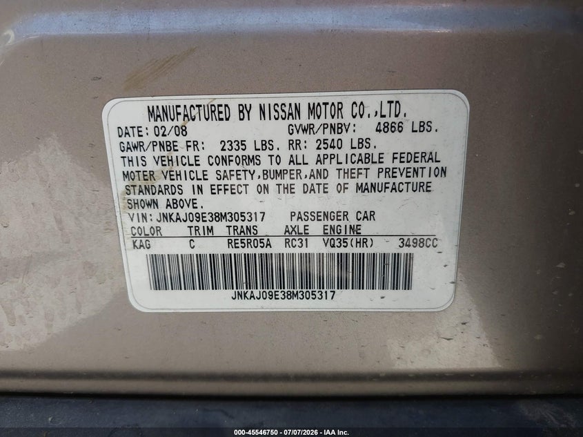 2008 Infiniti Ex35 VIN JNKAJ09E38M305317 IAAI salvage auction — NORMAL WEAR, Clear - Dealer Only (California), sold $225 on 2026-07-15 (photo 9)
