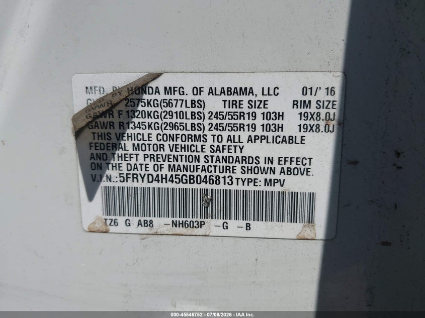2016 Acura Mdx VIN 5FRYD4H45GB046813 IAAI salvage auction — SIDE, Salvage (Rhode Island), sold $1,500 on 2026-09-01 (photo 9)