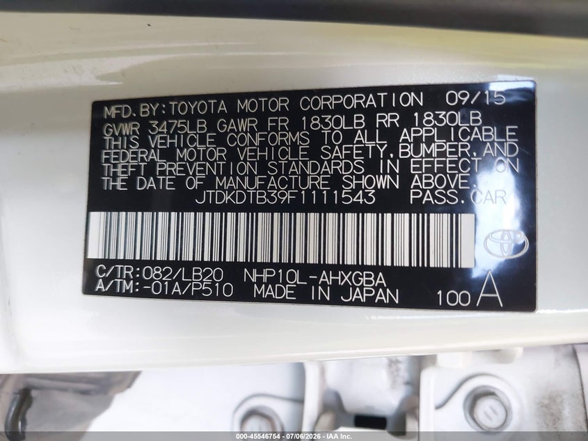 2015 Toyota Prius c VIN JTDKDTB39F1111543 IAAI salvage auction — FRONT END, Salvage (Utah), sold $2,500 on 2026-07-27 (photo 9)