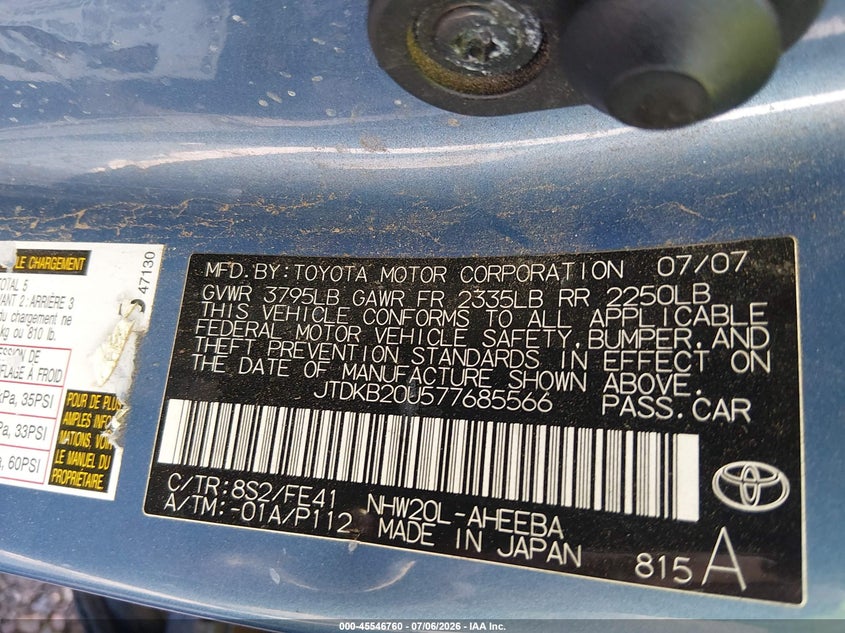 2007 Toyota Prius VIN JTDKB20U577685566 IAAI salvage auction — NORMAL WEAR, Clear (New Mexico), sold $275 on 2026-07-29 (photo 9)