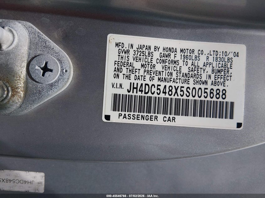 2005 Acura Rsx VIN JH4DC548X5S005688 IAAI salvage auction — REAR END, Rebuildable (Florida), sold $25 on 2026-07-23 (photo 9)