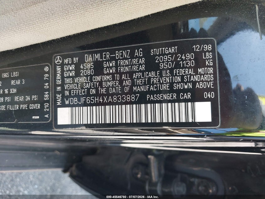 1999 Mercedes-benz E-class VIN WDBJF65H4XA833887 IAAI salvage auction — FRONT END, Clear (Florida), sold $425 on 2026-07-22 (photo 9)