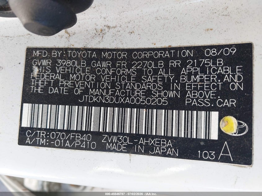 2010 Toyota Prius VIN JTDKN3DUXA0050205 IAAI salvage auction — LEFT SIDE, Salvage (California), sold $950 on 2026-07-29 (photo 9)