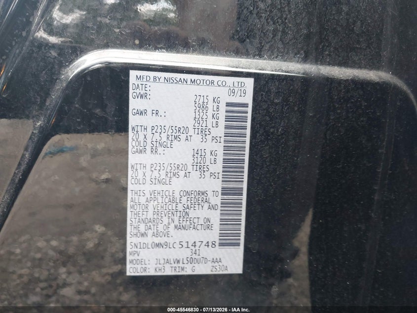 2020 Infiniti Qx60 VIN 5N1DL0MN9LC514748 IAAI salvage auction — RIGHT SIDE, Salvage (Georgia), sold $2,850 on 2026-08-21 (photo 9)