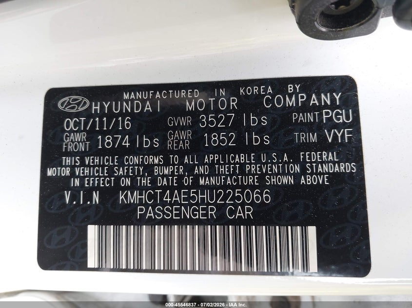 2017 Hyundai Accent VIN KMHCT4AE5HU225066 IAAI salvage auction — REAR END, Salvage (California), sold $1,550 on 2026-07-20 (photo 9)