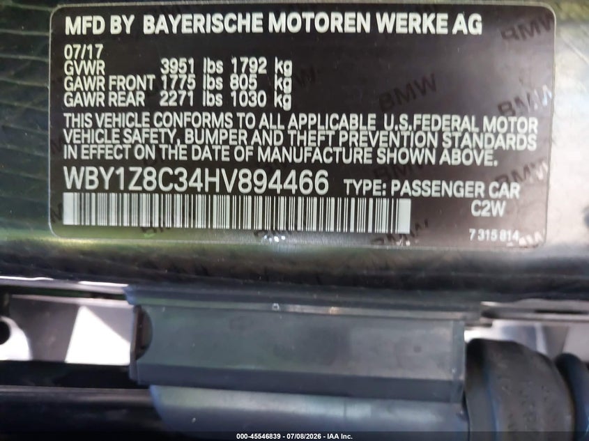 2017 BMW I3 VIN WBY1Z8C34HV894466 IAAI salvage auction — SIDE, Wait Title, sold $2,850 on 2026-07-31 (photo 9)