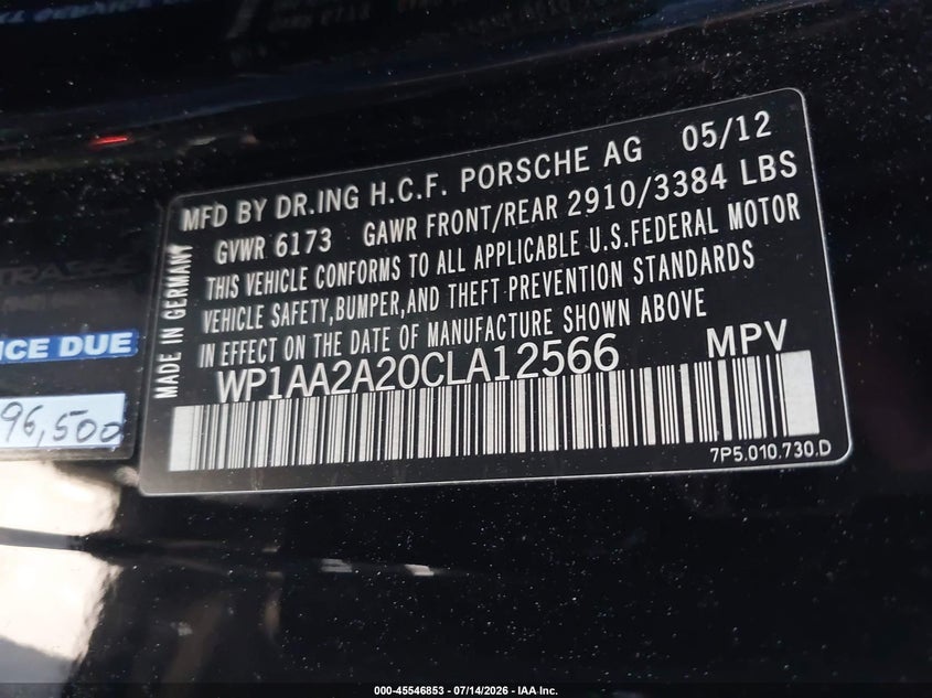 2012 Porsche Cayenne VIN WP1AA2A20CLA12566 IAAI salvage auction — LEFT FRONT, Wait Title, sold $2,600 on 2026-08-19 (photo 9)