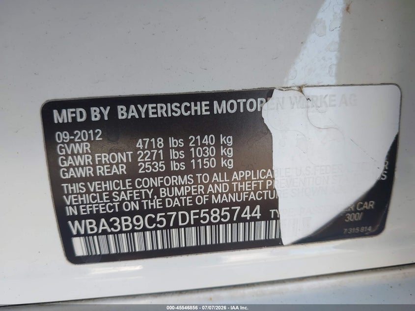 2013 BMW 3er VIN WBA3B9C57DF585744 IAAI salvage auction — SIDE, Salvage (Arizona), sold $2,100 on 2026-07-15 (photo 9)