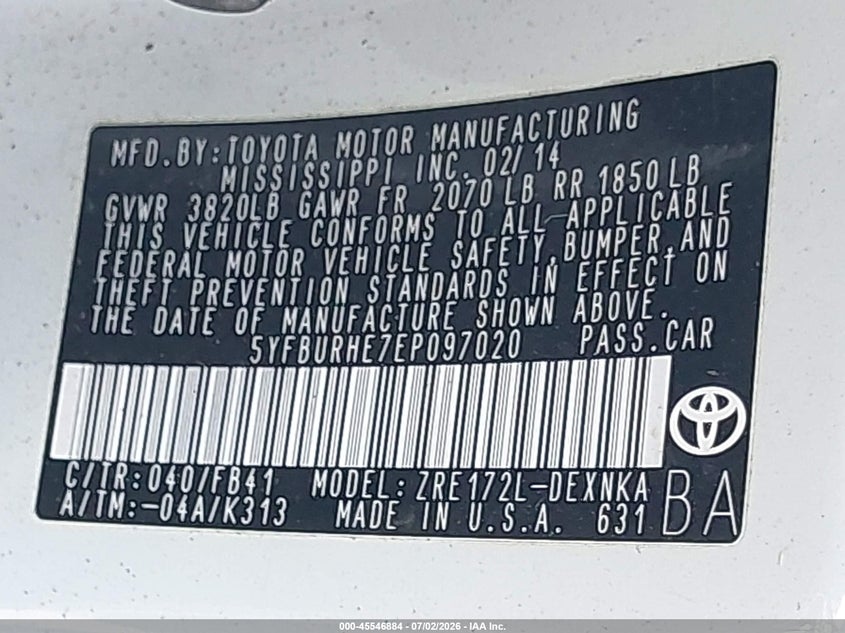 2014 Toyota Corolla VIN 5YFBURHE7EP097020 IAAI salvage auction — SIDE, Salvage Title, sold $500 on 2026-07-29 (photo 9)