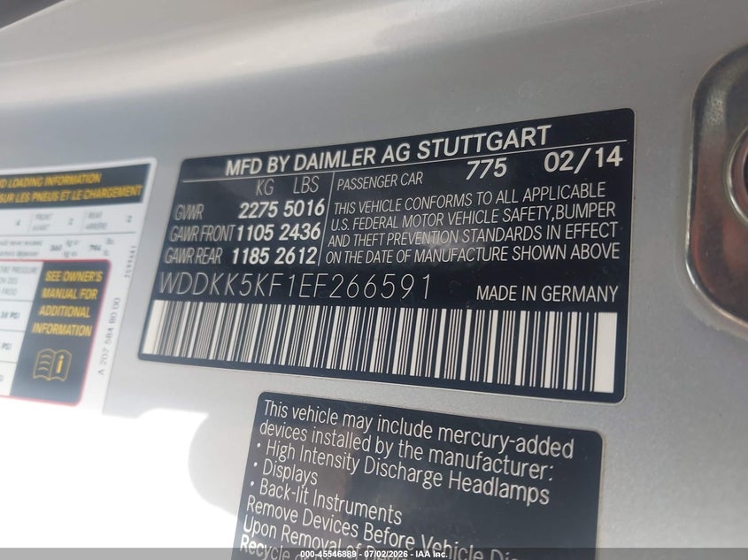 2014 Mercedes-benz E-class VIN WDDKK5KF1EF266591 IAAI salvage auction — NORMAL WEAR, Clear - Public Restricted (Oklahoma), sold $950 on 2026-07-15 (photo 9)