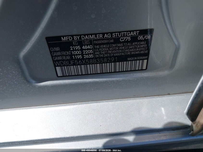 2008 Mercedes-benz E-class VIN WDBUF56X58B358291 IAAI salvage auction — RIGHT SIDE, Salvage Certificate (California), sold $450 on 2026-08-28 (photo 9)