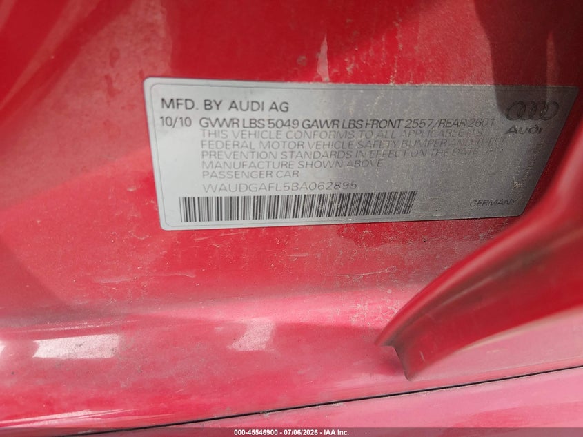 2011 Audi S4 VIN WAUDGAFL5BA062895 IAAI salvage auction — FRONT END, Salvage (Texas), sold $1,325 on 2026-07-31 (photo 9)