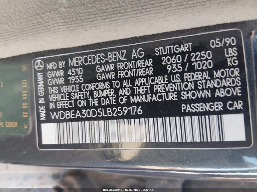 1990 Mercedes-benz 300 VIN WDBEA30D5LB259176 IAAI salvage auction — NORMAL WEAR, Clear-Dealer Only (Arizona), sold $600 on 2026-07-28 (photo 9)