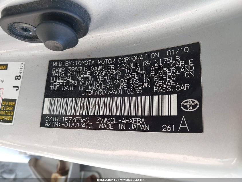 2010 Toyota Prius VIN JTDKN3DU9A0118235 IAAI salvage auction — NORMAL WEAR, Clear (Massachusetts), sold $1,400 on 2026-07-14 (photo 9)
