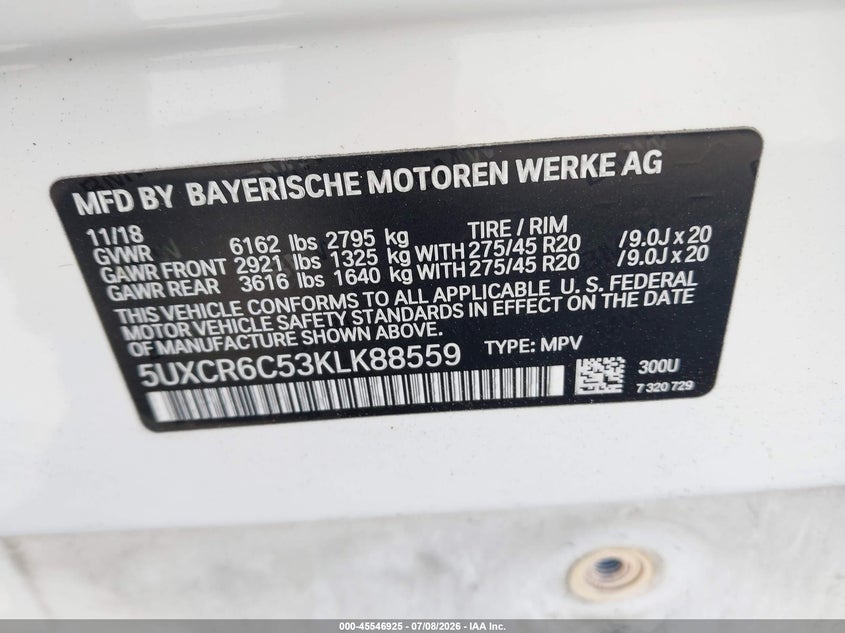 2019 BMW X5 VIN 5UXCR6C53KLK88559 IAAI salvage auction — REAR END, Salvage Title, sold $15,400 on 2026-07-23 (photo 9)