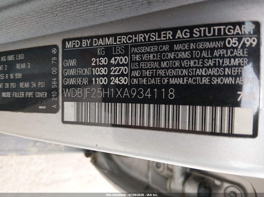 1999 Mercedes-benz E-class VIN WDBJF25H1XA934118 IAAI salvage auction — FRONT END, Bill Of Sale (New Hampshire), sold $1,725 on 2026-07-15 (photo 9)
