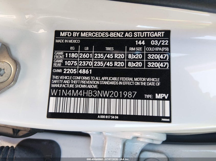 2022 Mercedes-benz Glb VIN W1N4M4HB3NW201987 IAAI salvage auction — RIGHT FRONT, Salvage (California), sold $10,200 on 2026-07-29 (photo 9)
