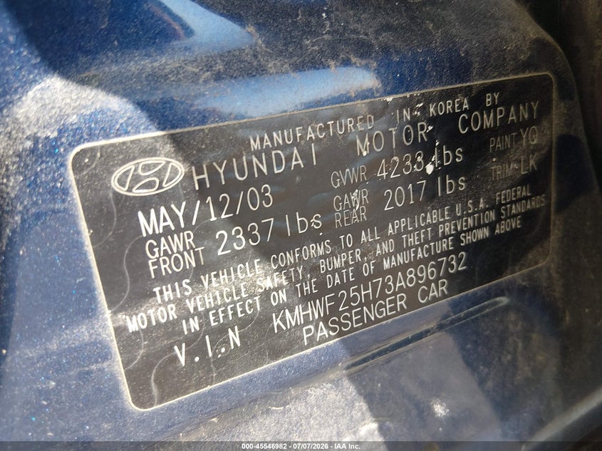 2003 Hyundai Sonata VIN KMHWF25H73A896732 IAAI salvage auction — NORMAL WEAR, Regular Certificate (Iowa), sold $375 on 2026-07-27 (photo 9)