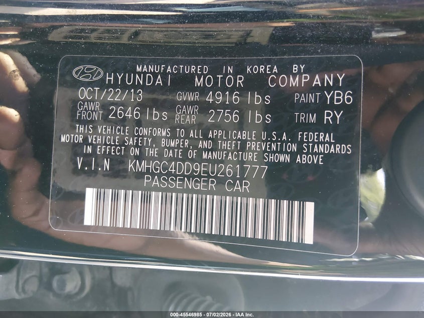 2014 Hyundai Genesis VIN KMHGC4DD9EU261777 IAAI salvage auction — NORMAL WEAR, Clear (Maryland), sold $750 on 2026-07-29 (photo 9)