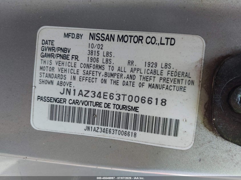 2003 Nissan 350z VIN JN1AZ34E63T006618 IAAI salvage auction — NORMAL WEAR, Salvage (North Carolina), sold $1,675 on 2026-07-23 (photo 9)