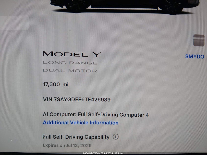 2026 Tesla Model y VIN 7SAYGDEE6TF426939 IAAI salvage auction — LEFT REAR, Wait Title, sold $28,850 on 2026-09-17 (photo 7)
