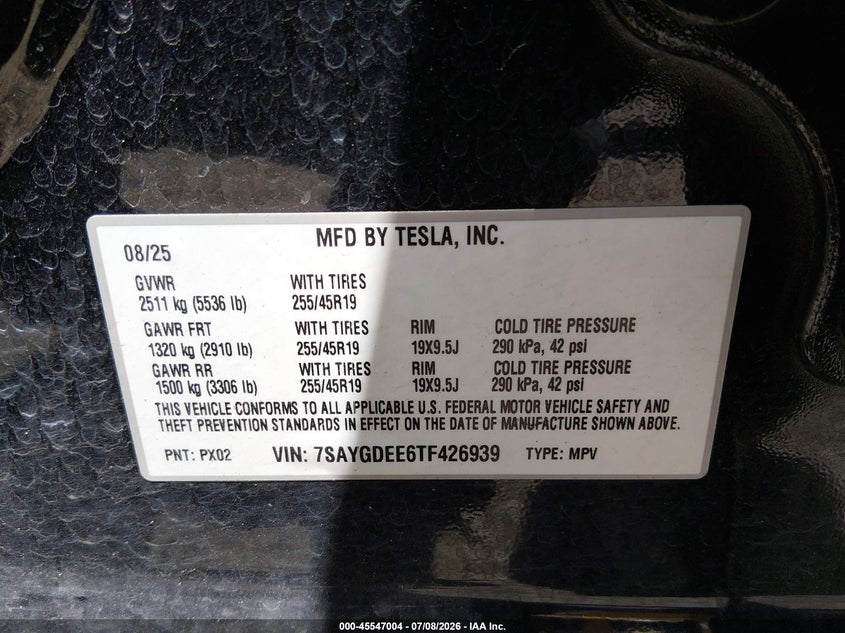 2026 Tesla Model y VIN 7SAYGDEE6TF426939 IAAI salvage auction — LEFT REAR, Wait Title, sold $28,850 on 2026-09-17 (photo 9)