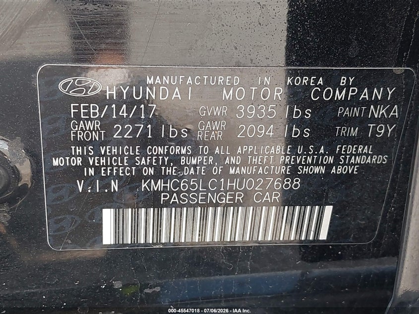 2017 Hyundai Ioniq VIN KMHC65LC1HU027688 IAAI salvage auction — FRONT END, Salvage Title, sold $25 on 2026-07-29 (photo 9)
