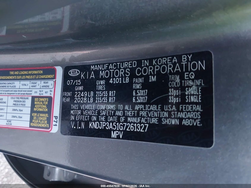 2016 Kia Soul VIN KNDJP3A51G7261327 IAAI salvage auction — RIGHT FRONT, Salvage Certificate (California), sold $925 on 2026-07-22 (photo 9)